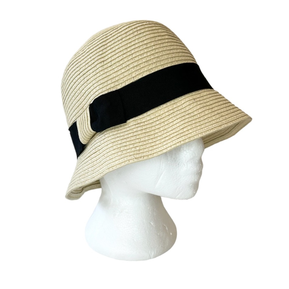 Paper Straw Cloche Hat With Black Ribbon Trim